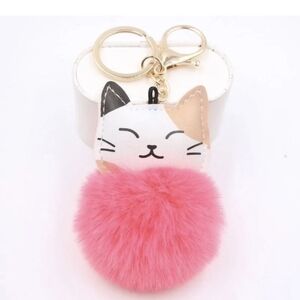 Cute Cat Keychain with Pink Pom Pom